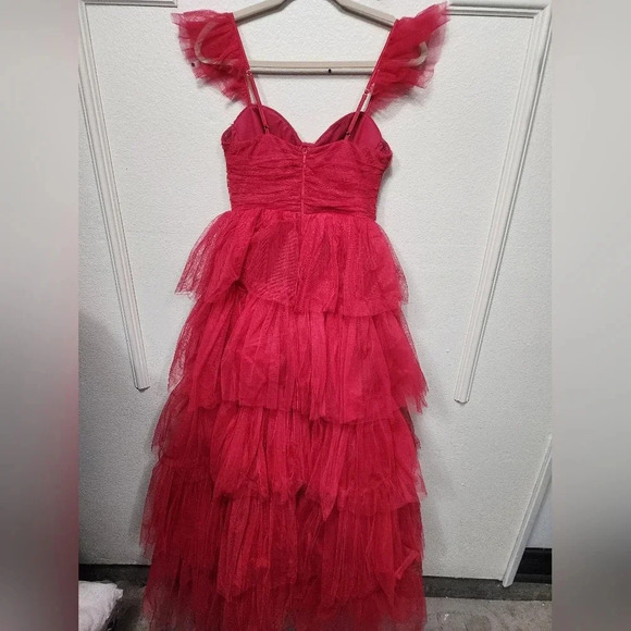 Lulus Fabulous Poise Bright Red Tulle Ruffled Tiered Maxi Dress Party Prom - Picture 11 of 11